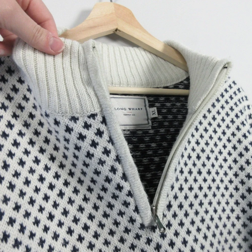 Long Wharf Supply Co Mens XL 1/4 Zip Sweater Fair Isle White Navy Nautical - Picture 3 of 15